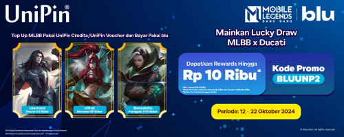 Mainkan Lucky Draw dan Dapatkan Skin MLBB x Ducati! Top Up UniPin Credits/UniPin Voucher Pakai blu Sekarang dan Dapatkan Bonusnya!